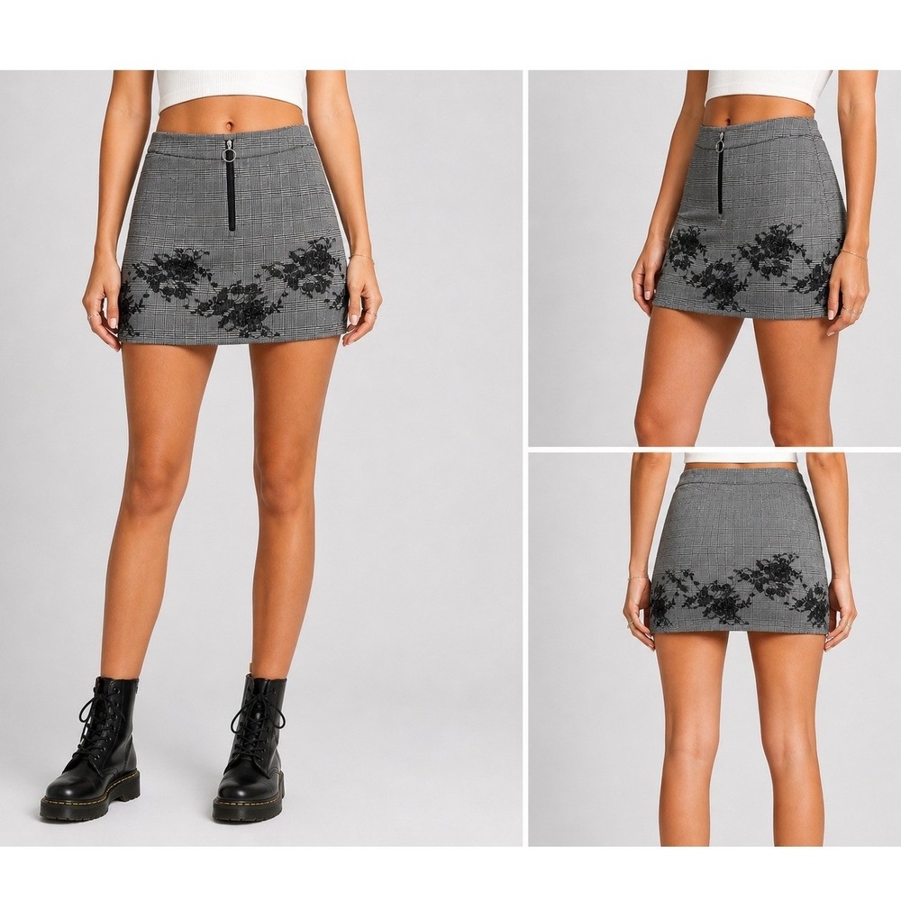 Zara Plaid Floral Mini Skirt Womens Size M Grey Glen Check Embroidered Zip Front